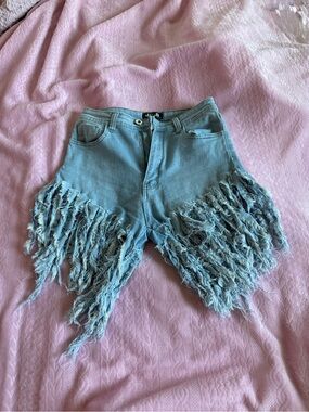 Fringed Light Blue Denim High-Waist Shorts